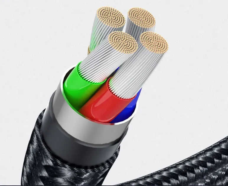Essager black magnetic USB cable with 360-degree rotating head and blue LED light, shown with Micro USB, Lightning, and Type C tips.