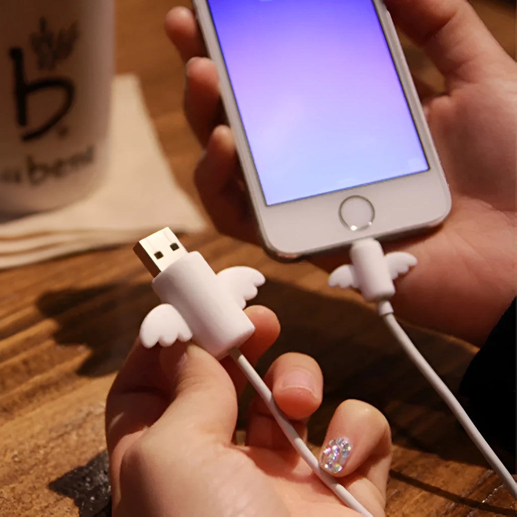 Silicone mobile phone charging cable protective cover in angel white and bat black styles
