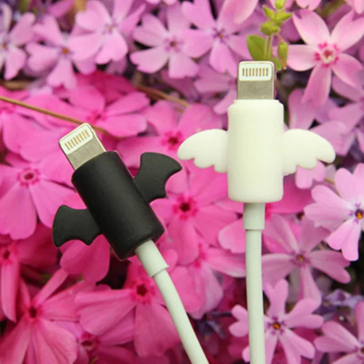 Silicone mobile phone charging cable protective cover in angel white and bat black styles