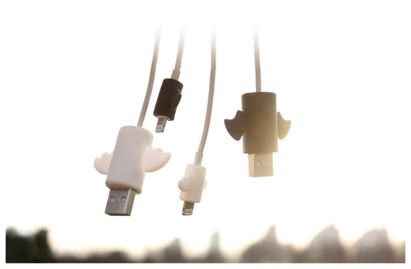 Silicone mobile phone charging cable protective cover in angel white and bat black styles
