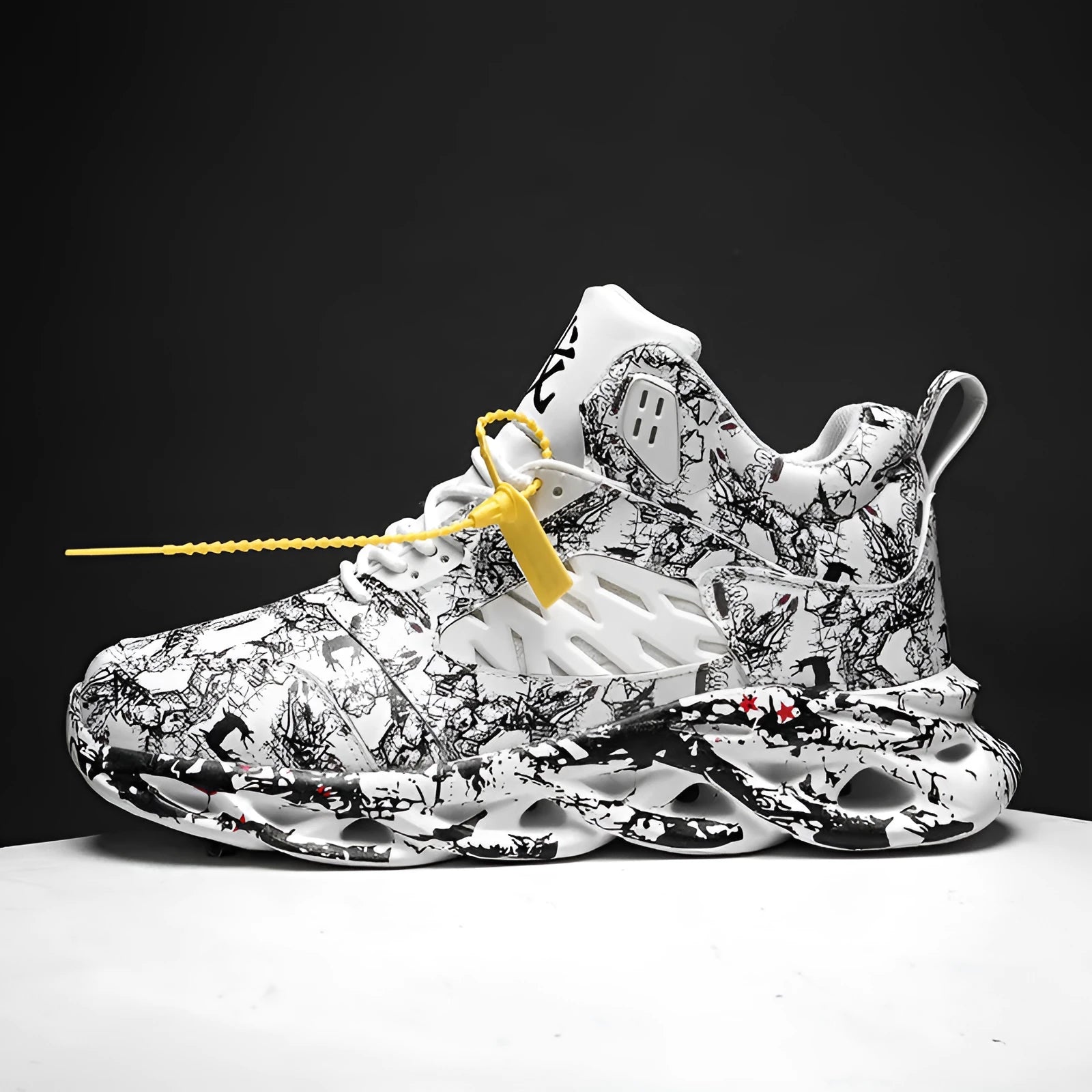 Men's black and green camouflage high-top basketball shoes with a rubber sole.