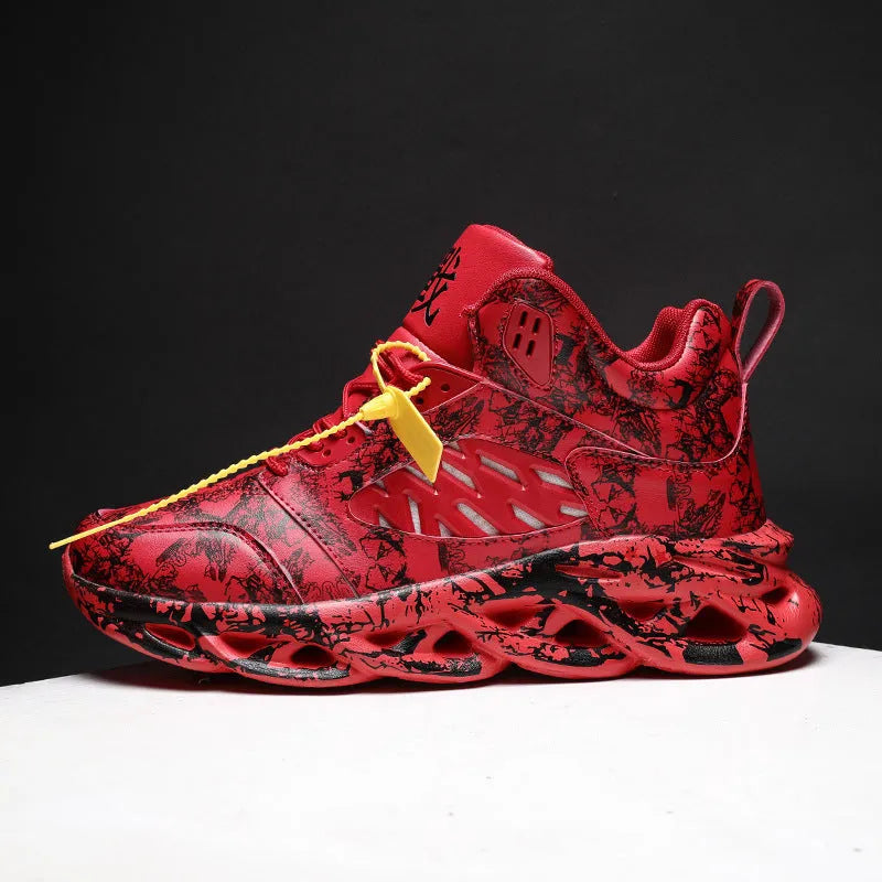 Men's black and green camouflage high-top basketball shoes with a rubber sole.