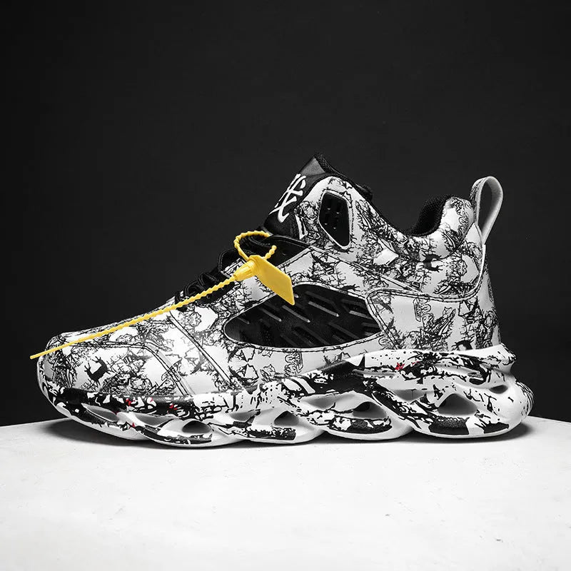 Men's black and green camouflage high-top basketball shoes with a rubber sole.