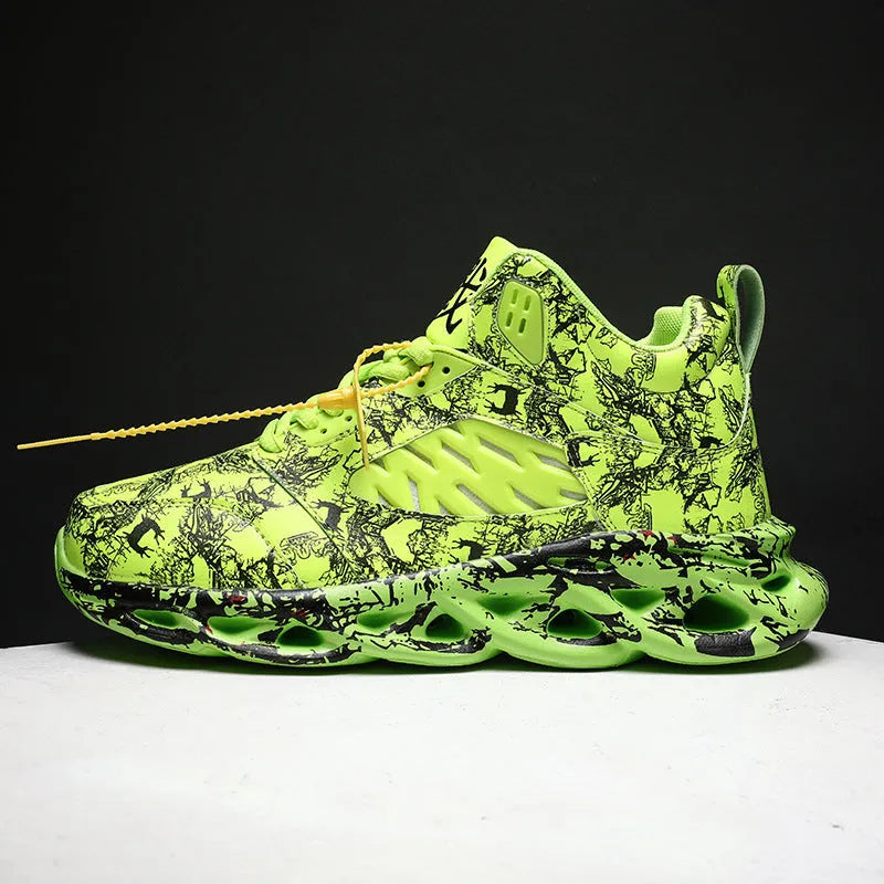 Men's black and green camouflage high-top basketball shoes with a rubber sole.