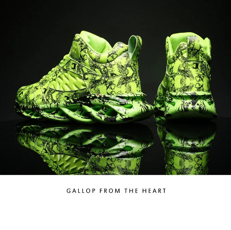 Men's black and green camouflage high-top basketball shoes with a rubber sole.