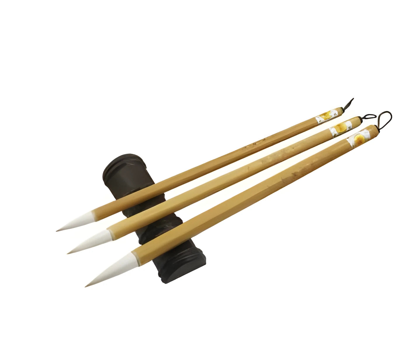 Three pure woolen hair Chinese writing brushes with bamboo handles in large, medium and small sizes