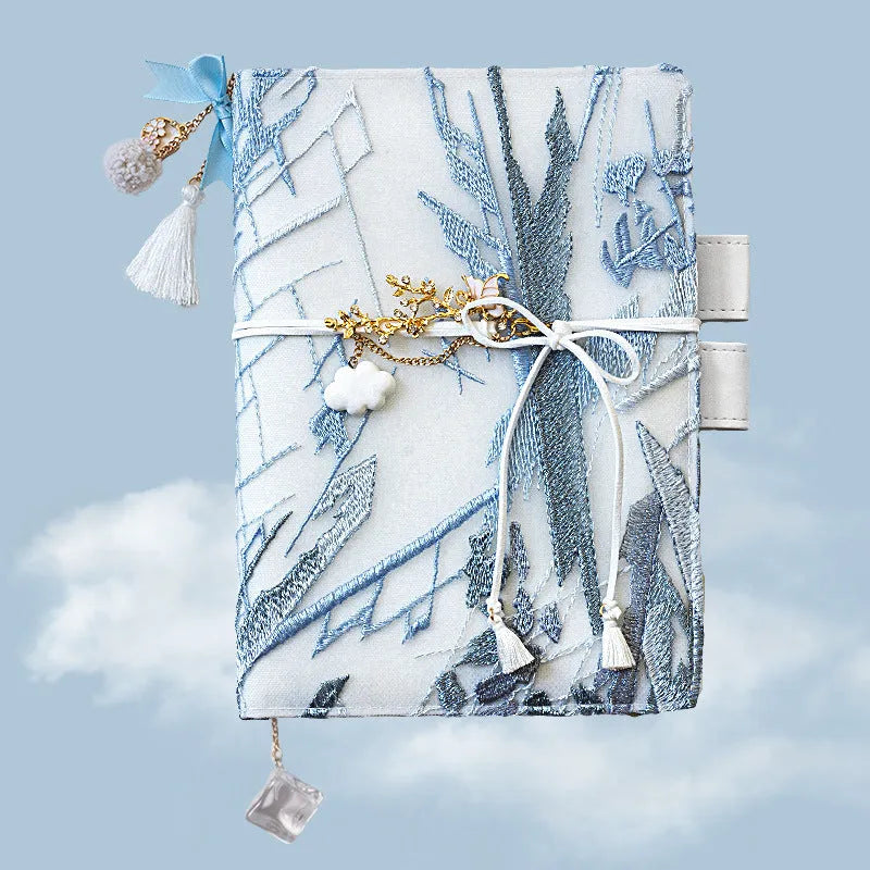 Glacier embroidery notebook with fabric cover, grid pages, and optional tassel in A6 or A5 size
