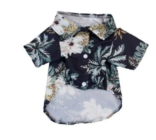 Two-legged polyester pet summer clothes in black, blue, navy, pink, red, white, and white coconut tree; sizes XS to 2XL.