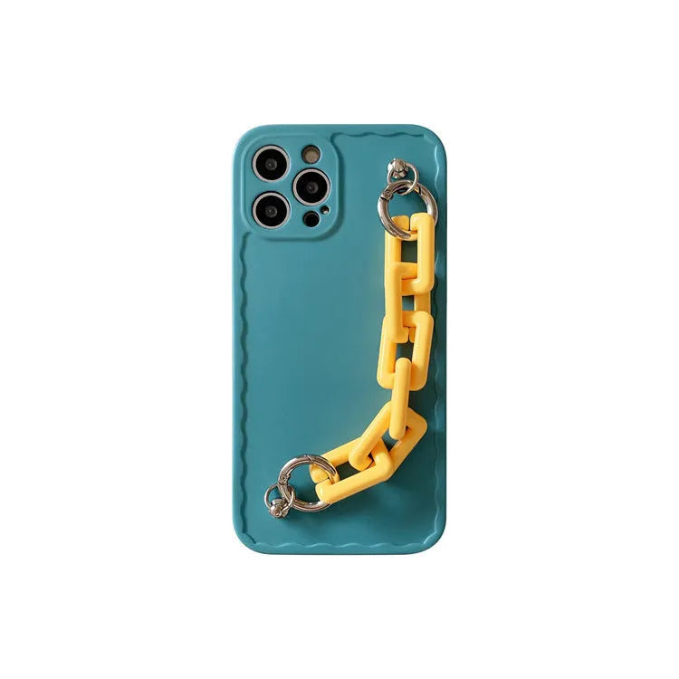 Colourful candy pink and light blue iPhone case with a chain attached to the side.