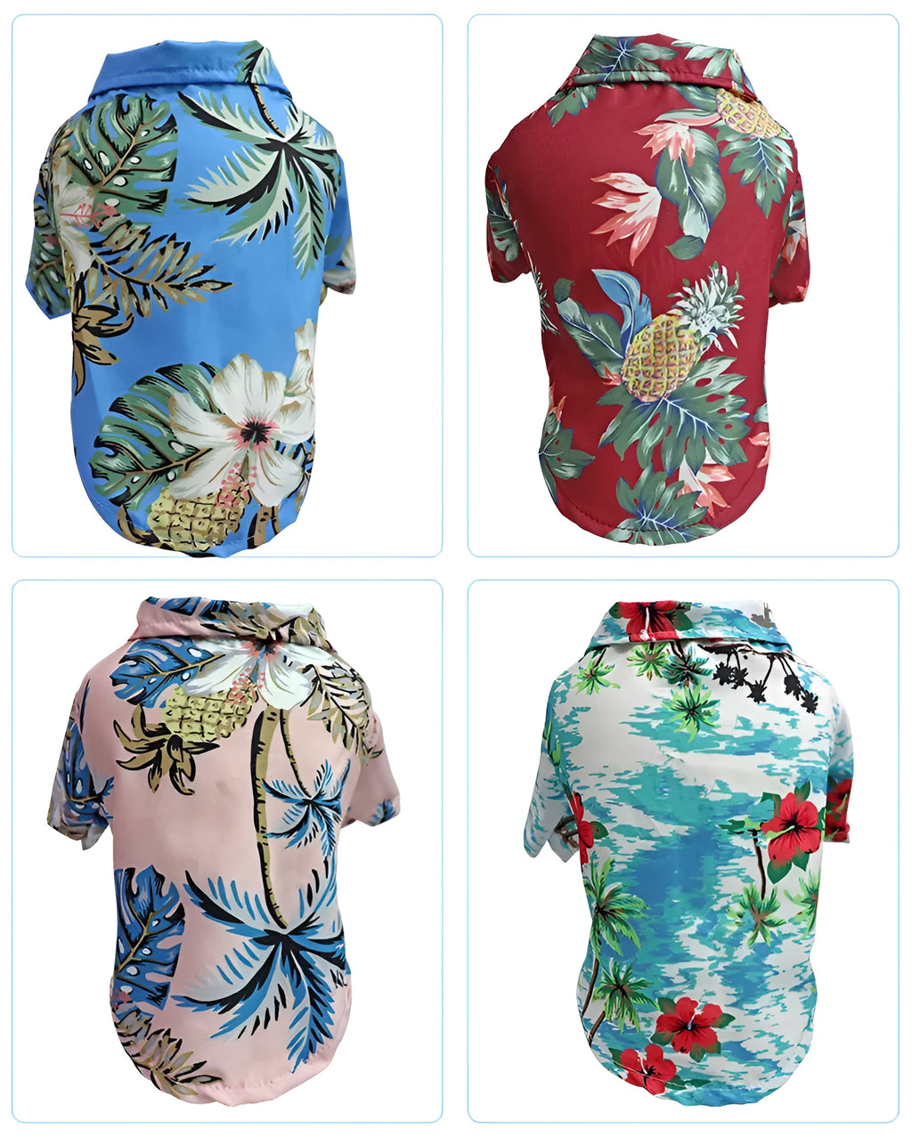 Two-legged polyester pet summer clothes in black, blue, navy, pink, red, white, and white coconut tree; sizes XS to 2XL.
