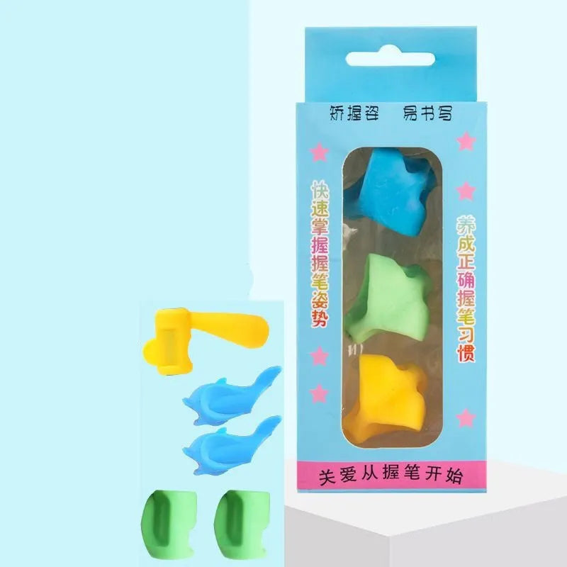 A soft, translucent silicone pencil grip with three moulded finger guides for a child's thumb, index, and middle finger.