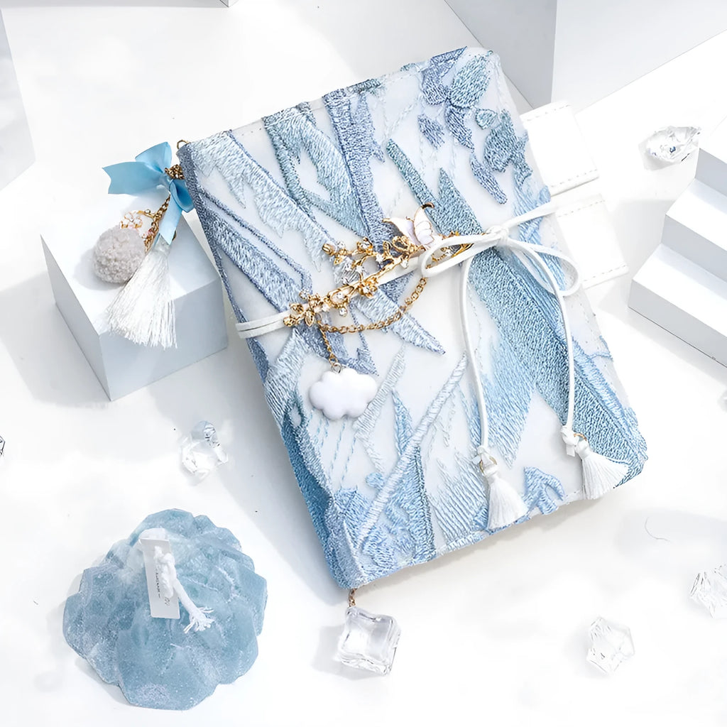 Glacier embroidery notebook with fabric cover, grid pages, and optional tassel in A6 or A5 size