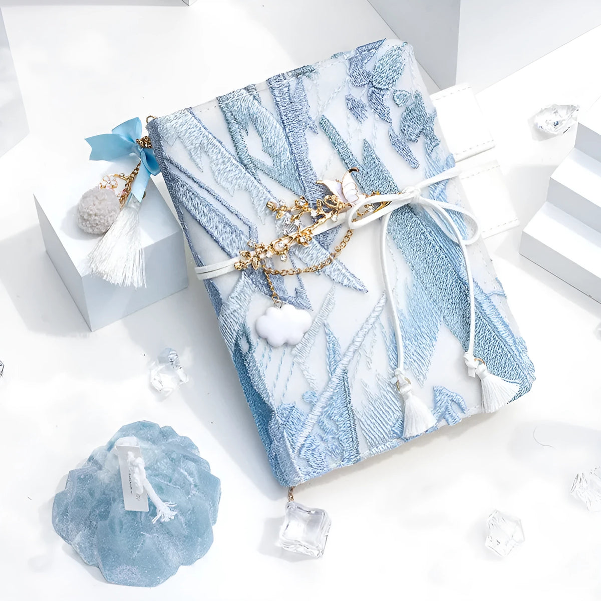 Glacier embroidery notebook with fabric cover, grid pages, and optional tassel in A6 or A5 size