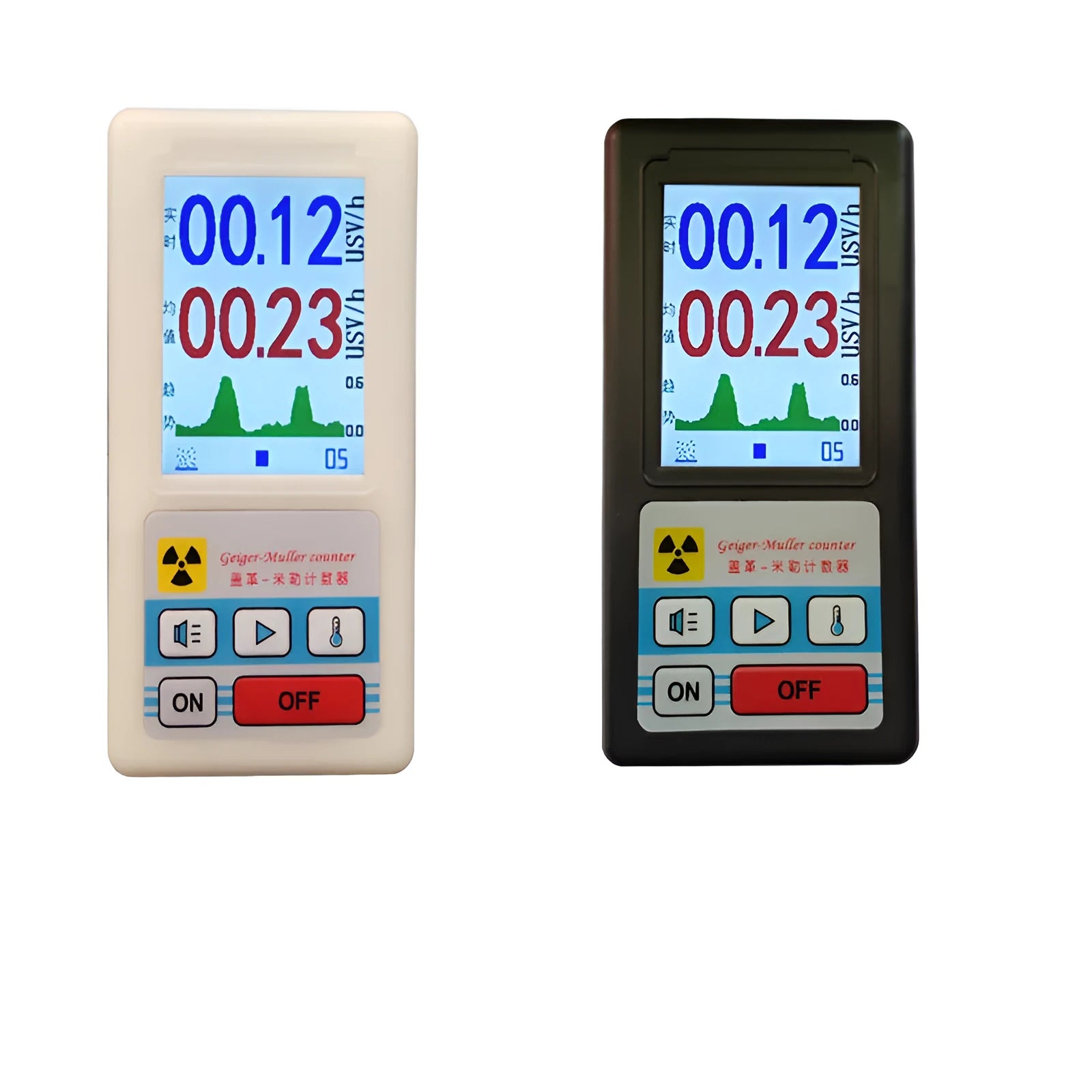 Nuclear radiation detector Geiger counter with ABS plastic shell in black, measuring 135x70x38mm