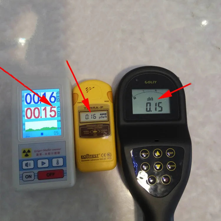 Nuclear radiation detector Geiger counter with ABS plastic shell in black, measuring 135x70x38mm