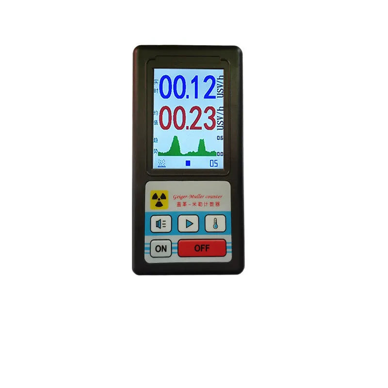 Nuclear radiation detector Geiger counter with ABS plastic shell in black, measuring 135x70x38mm