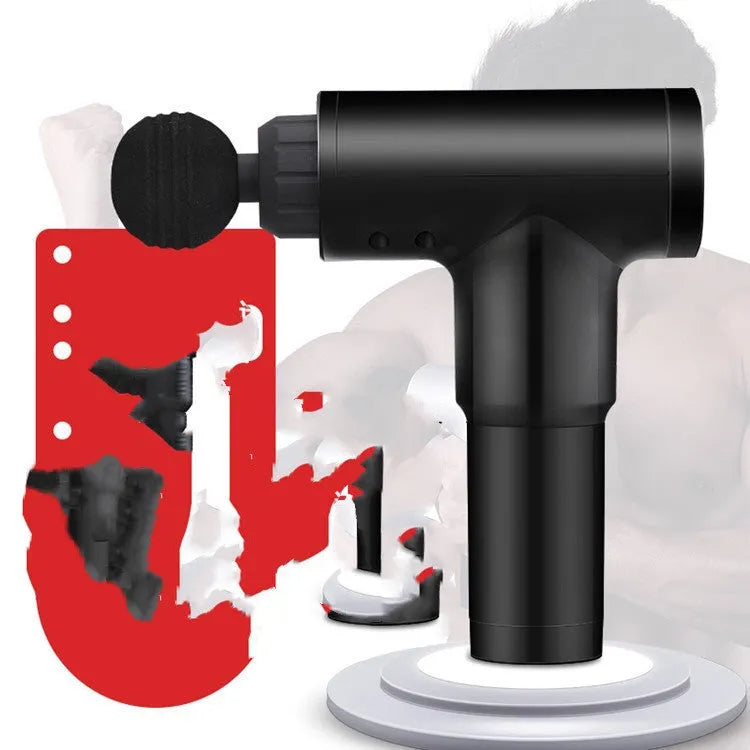 Electric massage gun with 6 speeds and 4 heads, black colour, 1300g, on a plain background