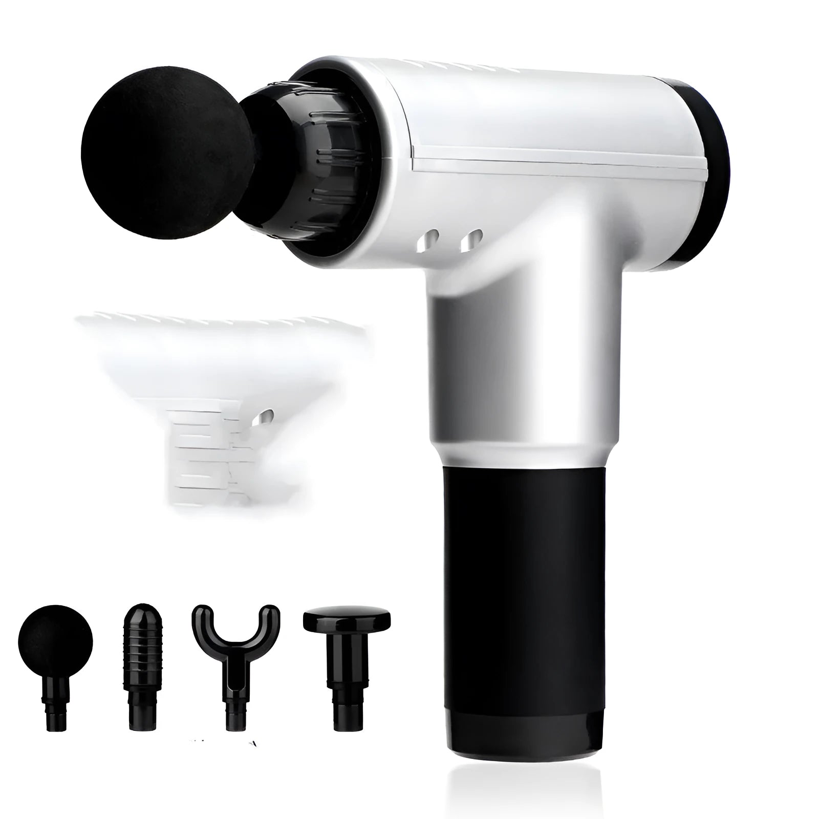 Electric massage gun with 6 speeds and 4 heads, black colour, 1300g, on a plain background