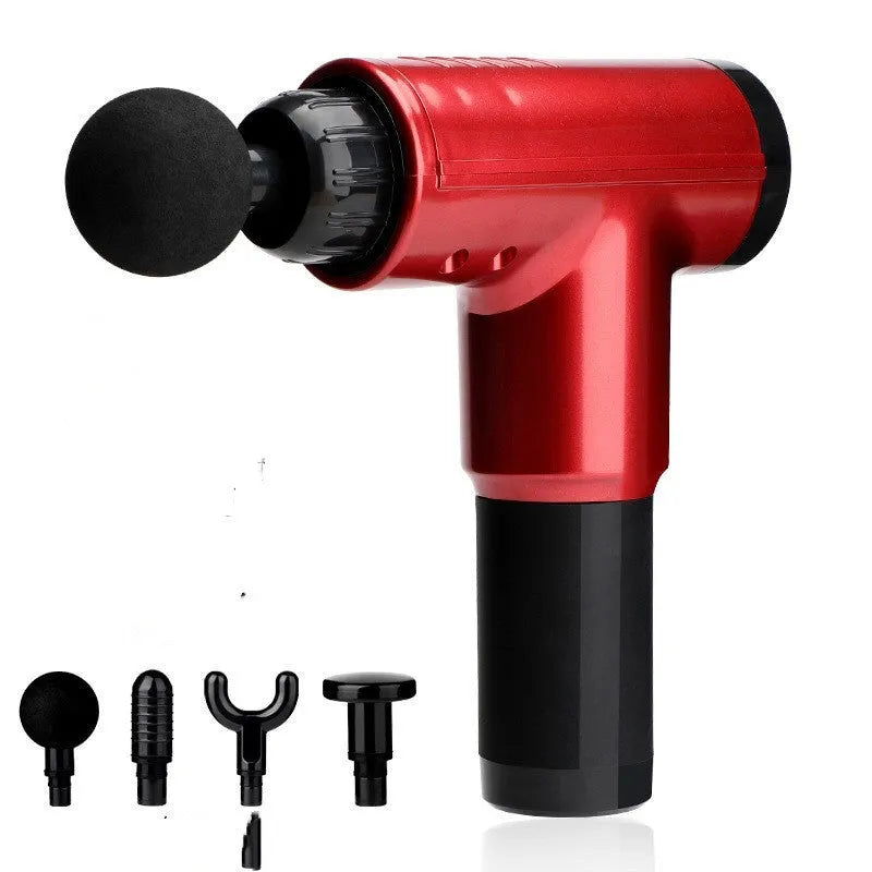 Electric massage gun with 6 speeds and 4 heads, black colour, 1300g, on a plain background