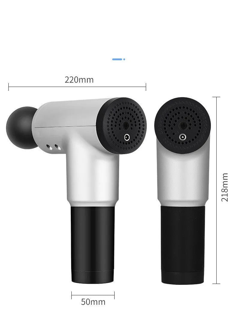 Electric massage gun with 6 speeds and 4 heads, black colour, 1300g, on a plain background