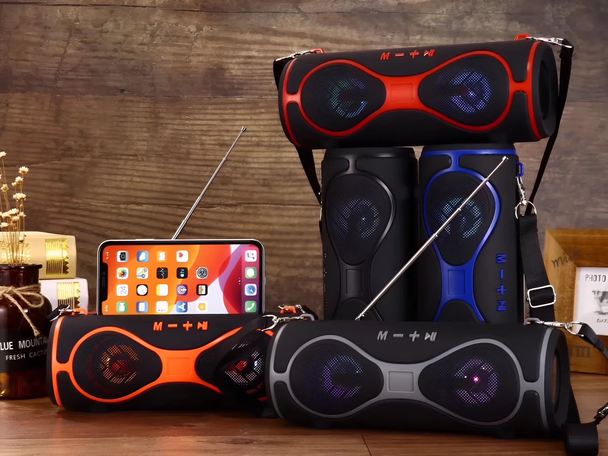 Lantern multifunctional Bluetooth speaker with integrated phone stand and carry strap in five colour options