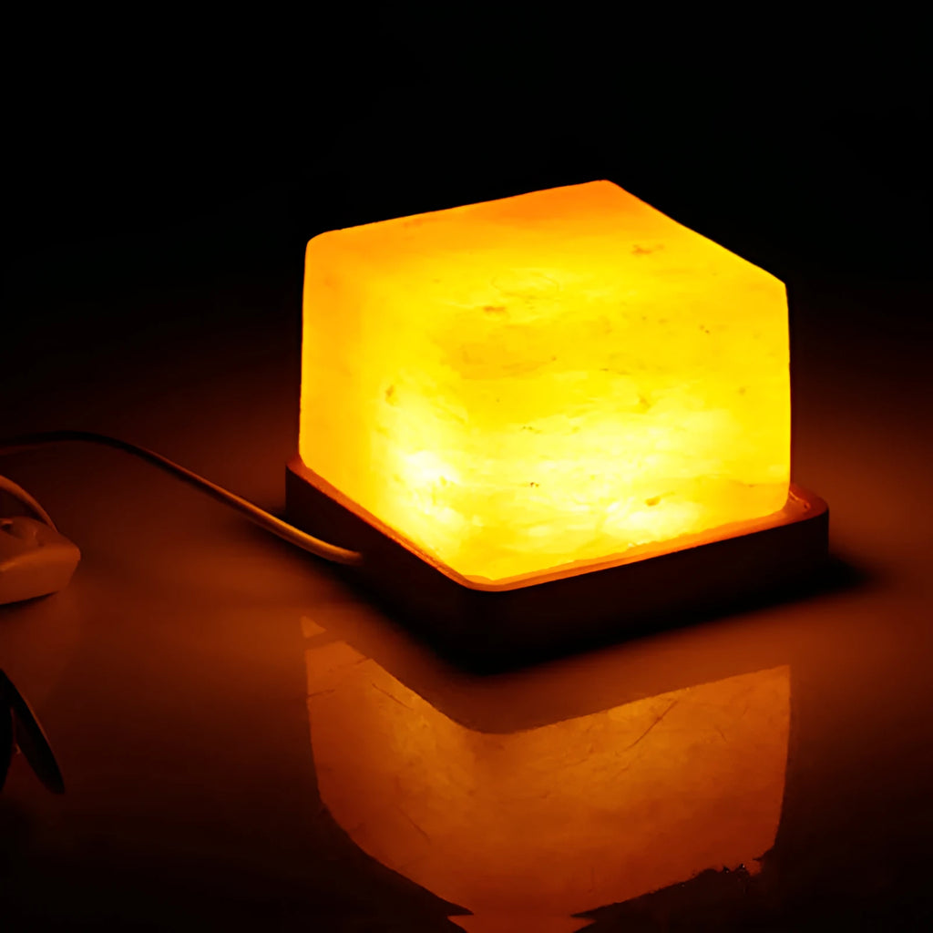 USB salt light night light with natural salt block shade, compact 10x8cm size, warm white glow on a desk