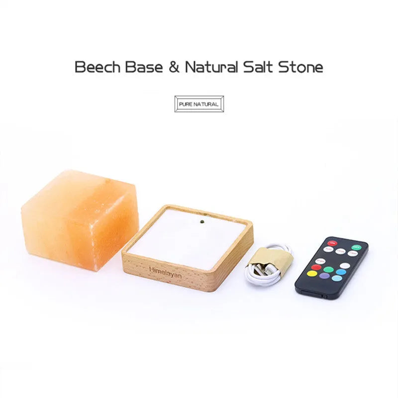 USB salt light night light with natural salt block shade, compact 10x8cm size, warm white glow on a desk