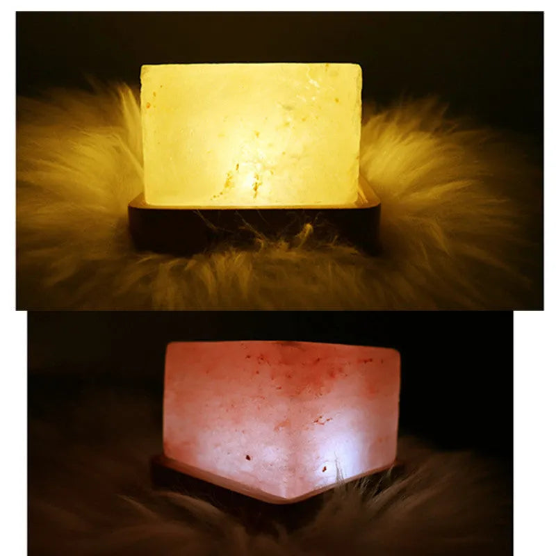 USB salt light night light with natural salt block shade, compact 10x8cm size, warm white glow on a desk