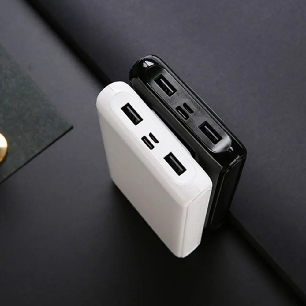 Black and white 18650 DIY power bank case showing battery slots and Type-C/Micro-USB ports.
