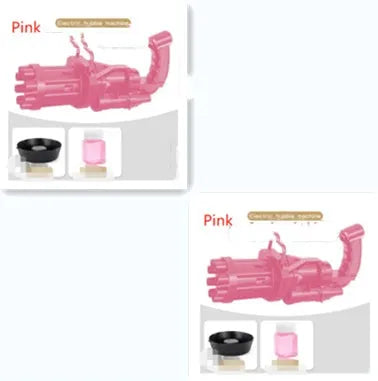Kids pink bubble machine gun toy with leaf blower design on green grass