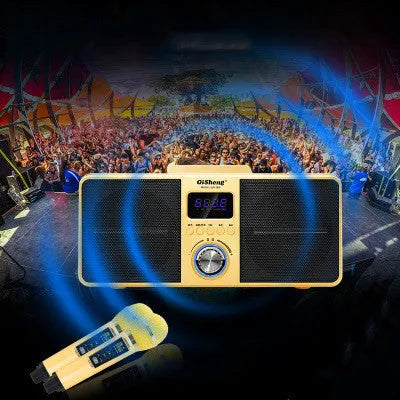 Black home KTV Bluetooth speaker with two wireless microphones for karaoke