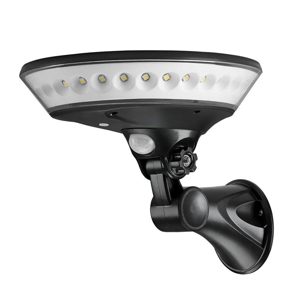 White 360-degree solar-powered outdoor light with motion sensor