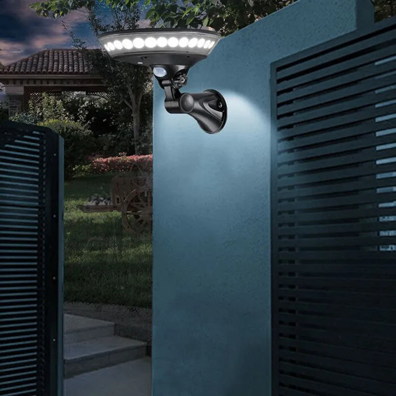 White 360-degree solar-powered outdoor light with motion sensor