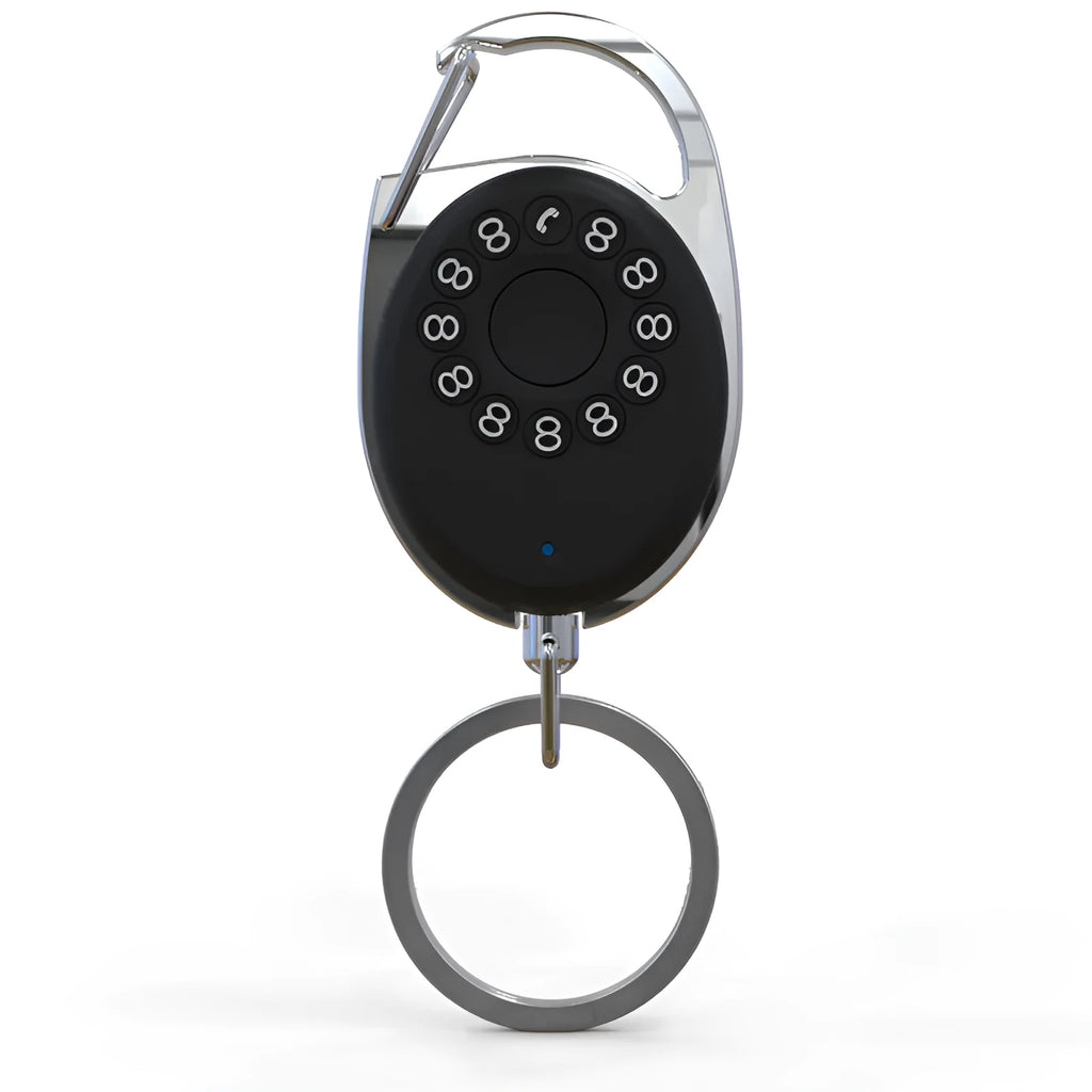 Black Apple-compatible Bluetooth tracker device with metal keychain loop for anti-lost tracking.