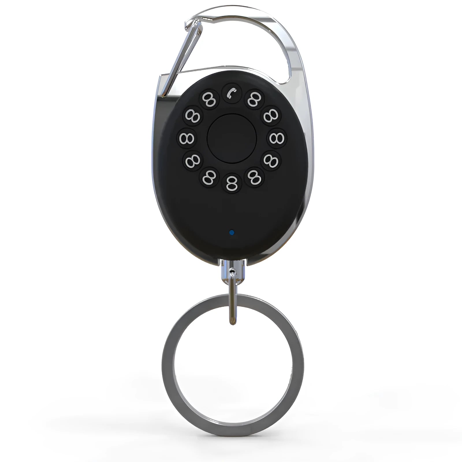 Black Apple-compatible Bluetooth tracker device with metal keychain loop for anti-lost tracking.