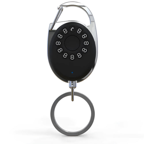 Black Apple-compatible Bluetooth tracker device with metal keychain loop for anti-lost tracking.