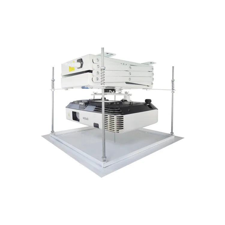 Motorised electric projector lifting hanger with ultra-thin chassis and wireless remote control on a white background