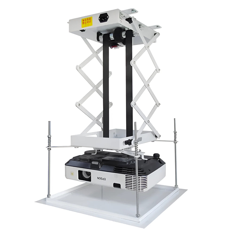 Motorised electric projector lifting hanger with ultra-thin chassis and wireless remote control on a white background