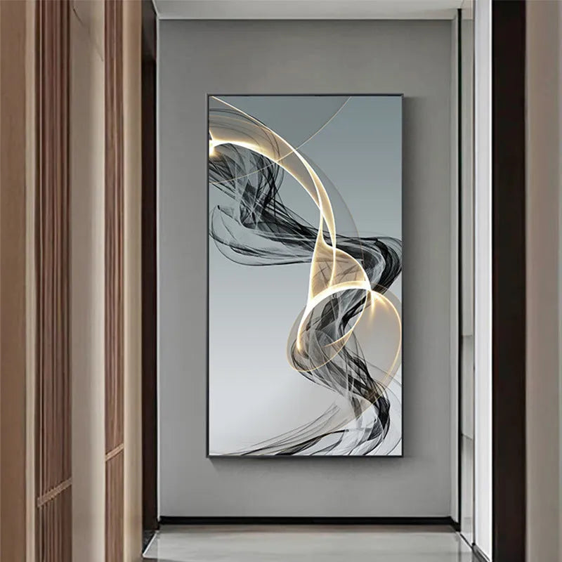 Frameless abstract canvas painting with black and yellow geometric line pattern in rectangular flat format