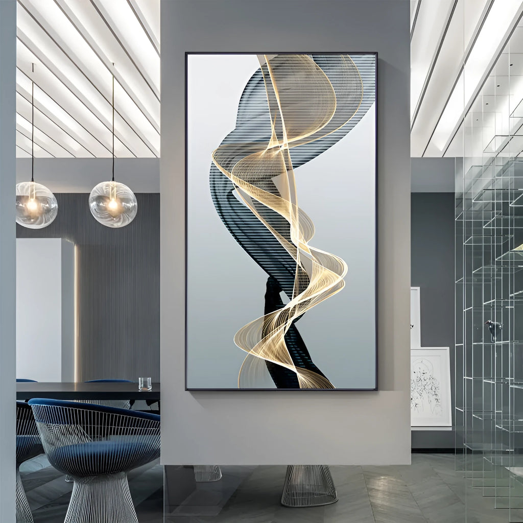 Frameless abstract canvas painting with black and yellow geometric line pattern in rectangular flat format