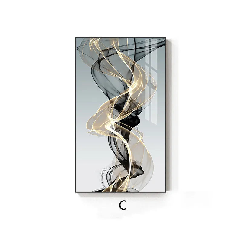 Frameless abstract canvas painting with black and yellow geometric line pattern in rectangular flat format