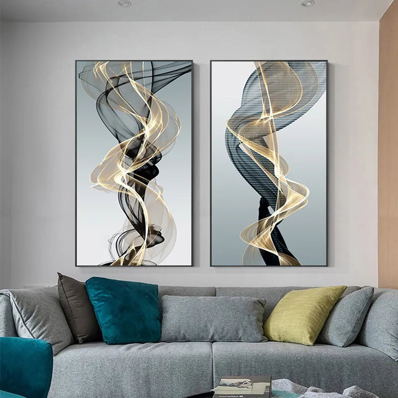 Frameless abstract canvas painting with black and yellow geometric line pattern in rectangular flat format