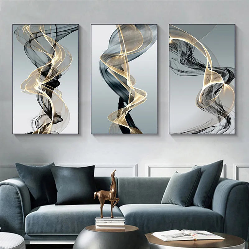 Frameless abstract canvas painting with black and yellow geometric line pattern in rectangular flat format
