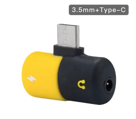 Small blue USB-C to 3.5mm audio and charging splitter adapter for Huawei phones, showing branch connector design.