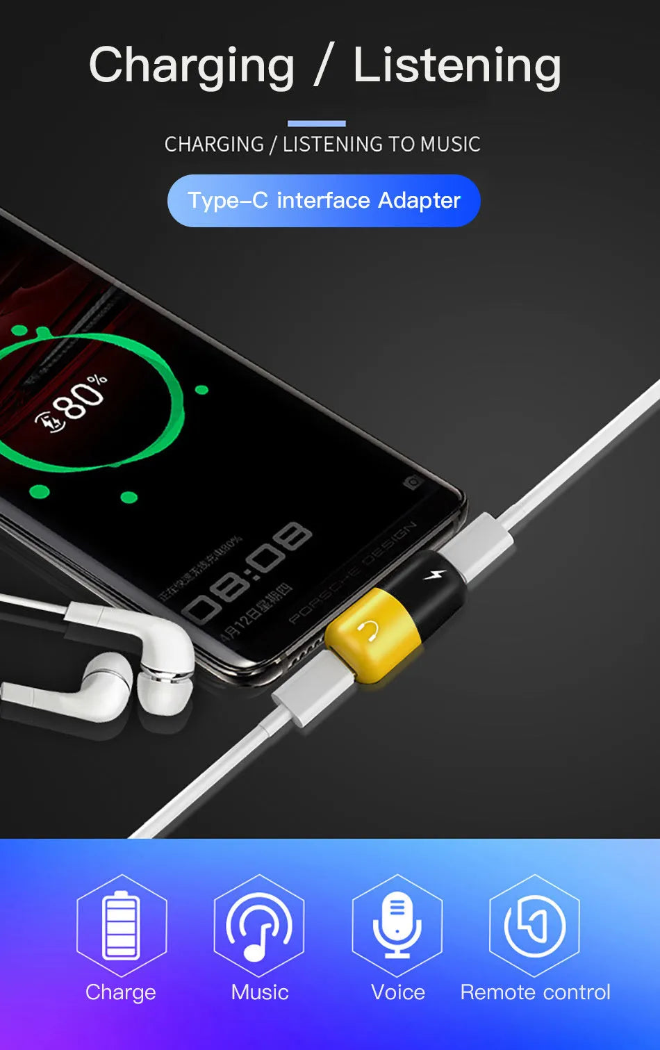 Small blue USB-C to 3.5mm audio and charging splitter adapter for Huawei phones, showing branch connector design.