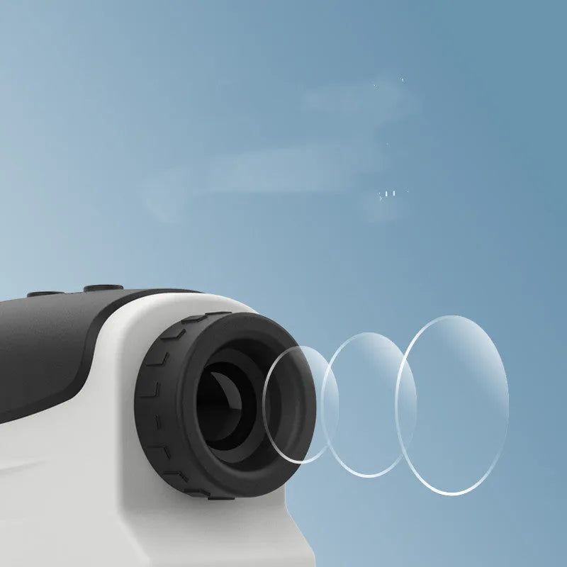Black handheld laser golf rangefinder with monocular scope showing distance display in viewfinder.
