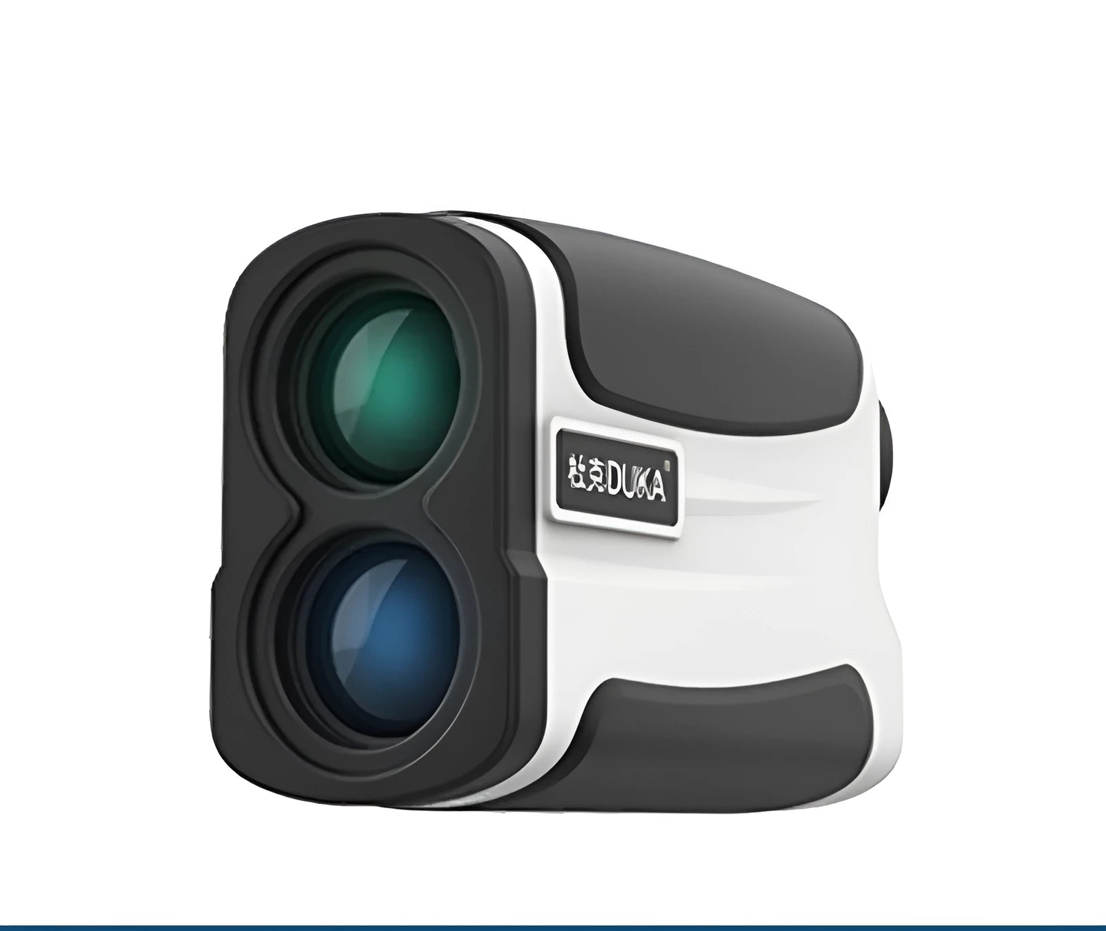 Black handheld laser golf rangefinder with monocular scope showing distance display in viewfinder.