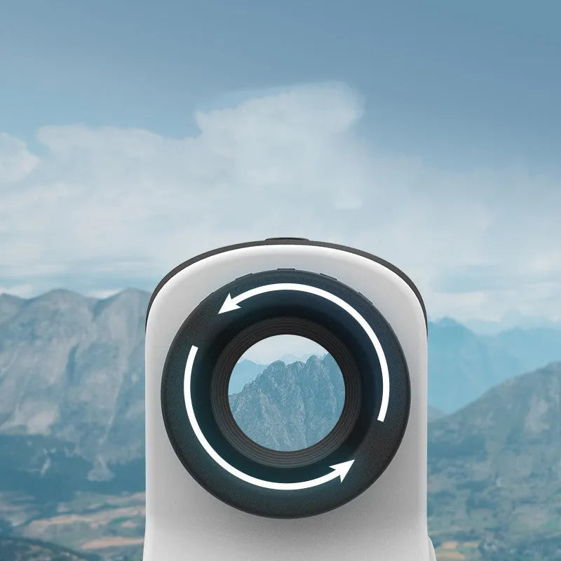 Black handheld laser golf rangefinder with monocular scope showing distance display in viewfinder.