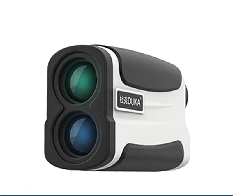 Black handheld laser golf rangefinder with monocular scope showing distance display in viewfinder.