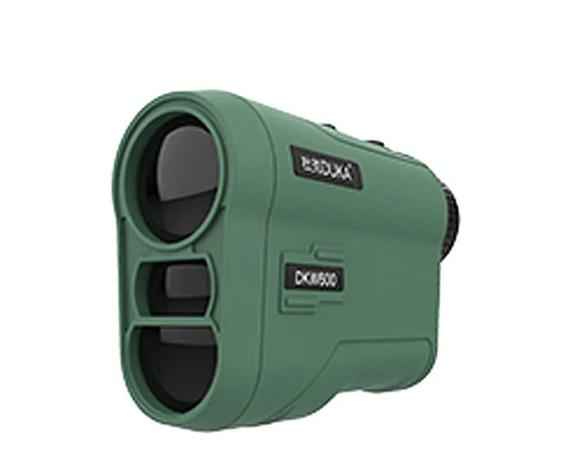 Black handheld laser golf rangefinder with monocular scope showing distance display in viewfinder.